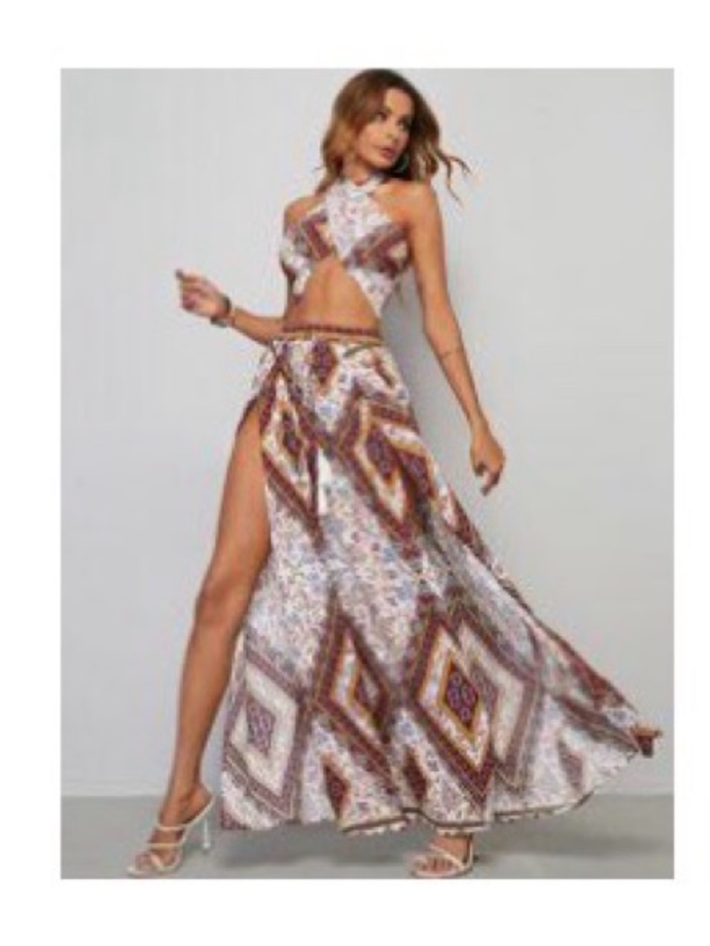 Boho Two-Piece Diamond Print Maxi Set in White and Brown